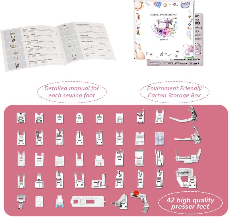 XBA Presser Foot Set 42Pcs, Sewing Machine Presser Feet Kit Accessories with Manual for Brother, Babylock, Singer, Elna, Toyota, New Home, Simplicity, Necchi, Kenmore Low Shank Machines - Image 2